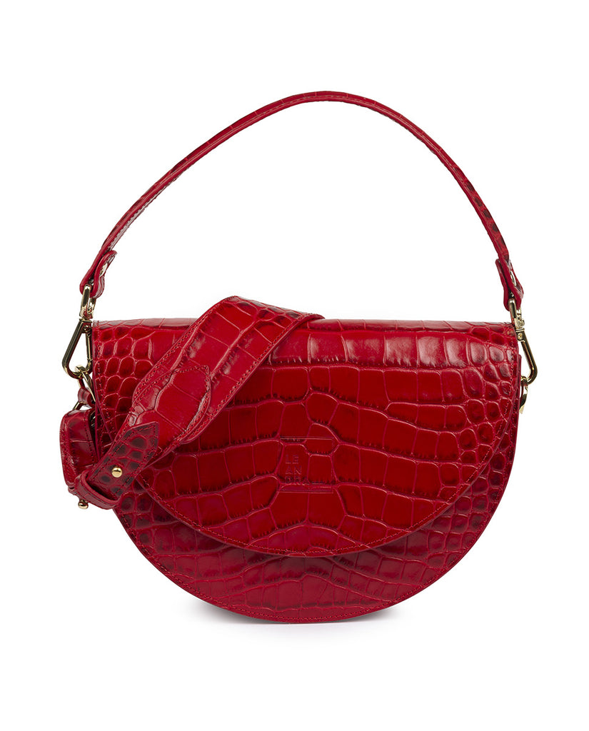 Bolso de piel grabada en coco color rojo tipo saddle bag Leandra. Bolso made in Spain Leandra