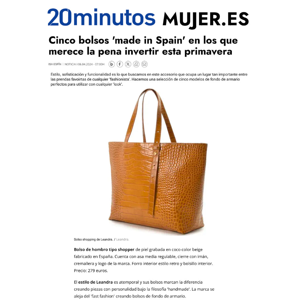 Leandra en 20 Minutos Mujer.es entre los cinco bolsos Made In Spain en los que merece la pena invertir esta primavera