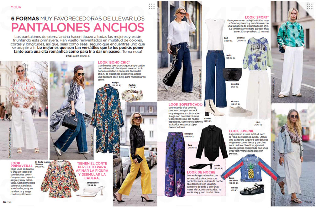 Leandra en la Revista Mía entre los looks con pantalones anchos más favorecedores