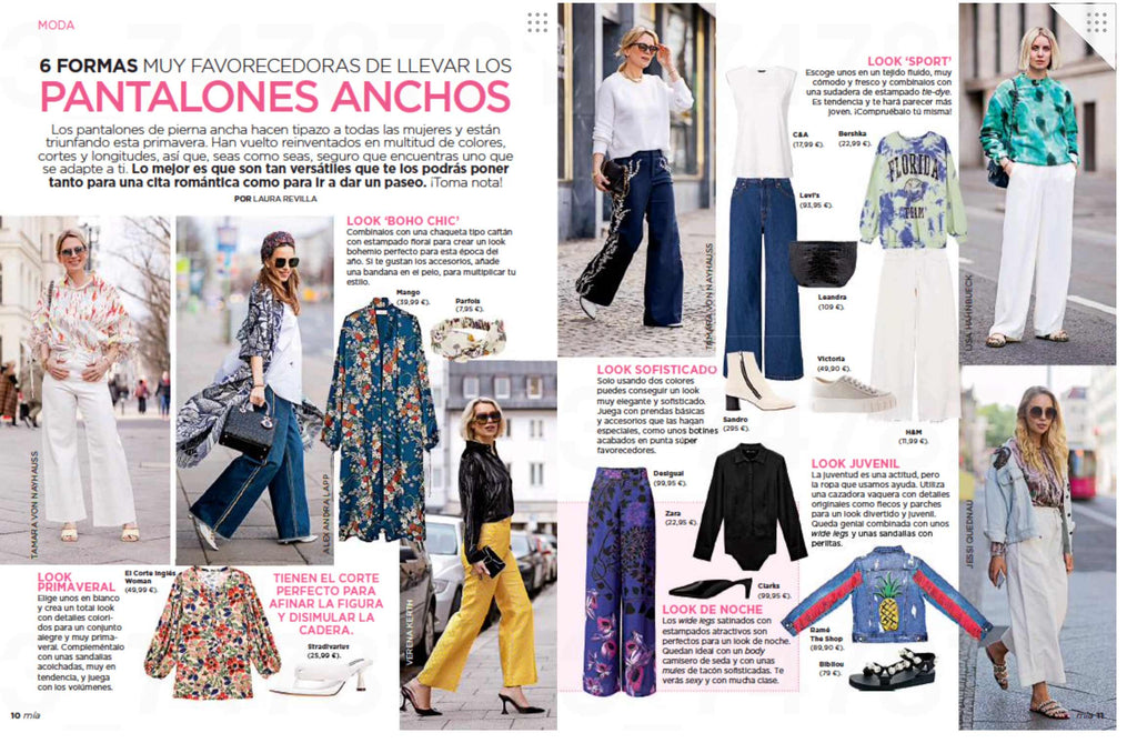 Leandra en la Revista Mía entre los looks con pantalones anchos más favorecedores