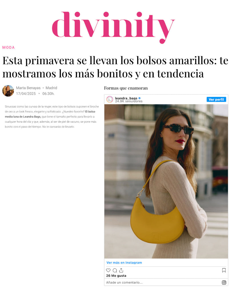 Nuestro bolso media luna amarilla Leandra en Divinity entre los bolsos amarillos que se llevan esta primavera