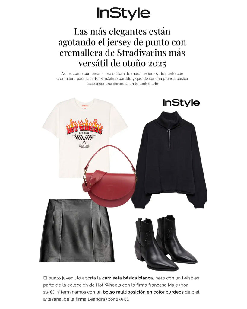 El bolso Saddle burdeos Leandra en In Style como el complemento perfecto para el look con el jersey de Stradivarius