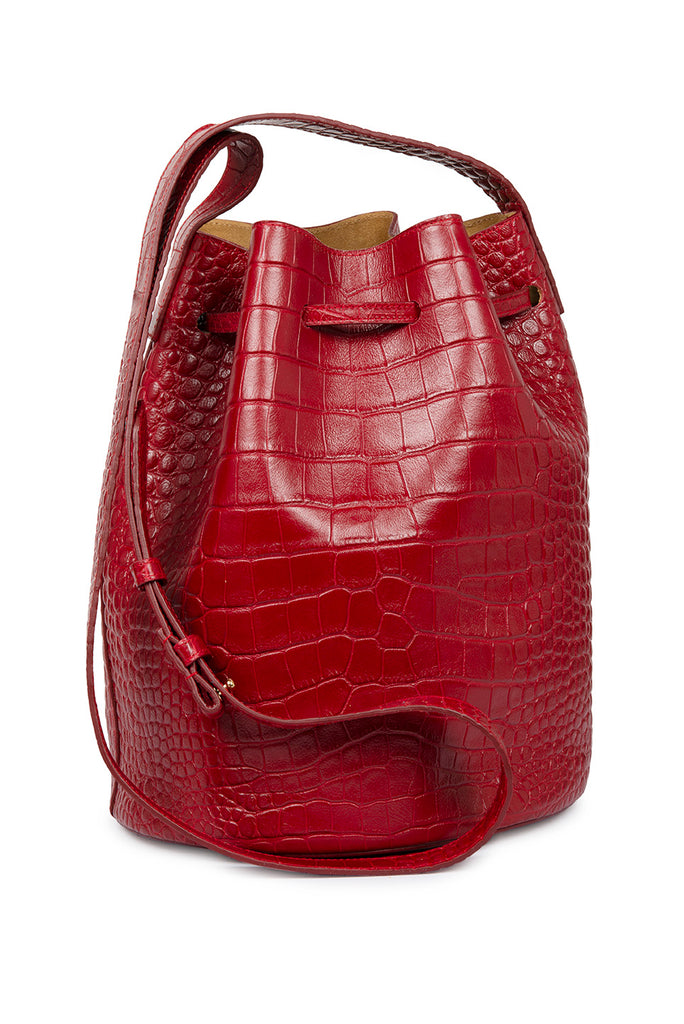Bolso tipo bucket bag grabado en coco color rojo Leandra. Bolsos made in Spain Leandra