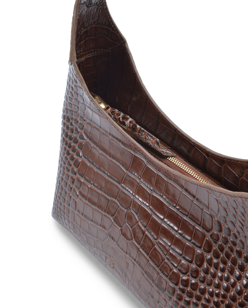 Imagen detalle cremallera de bolso hobo de piel grabada en coco color marrón Leandra.