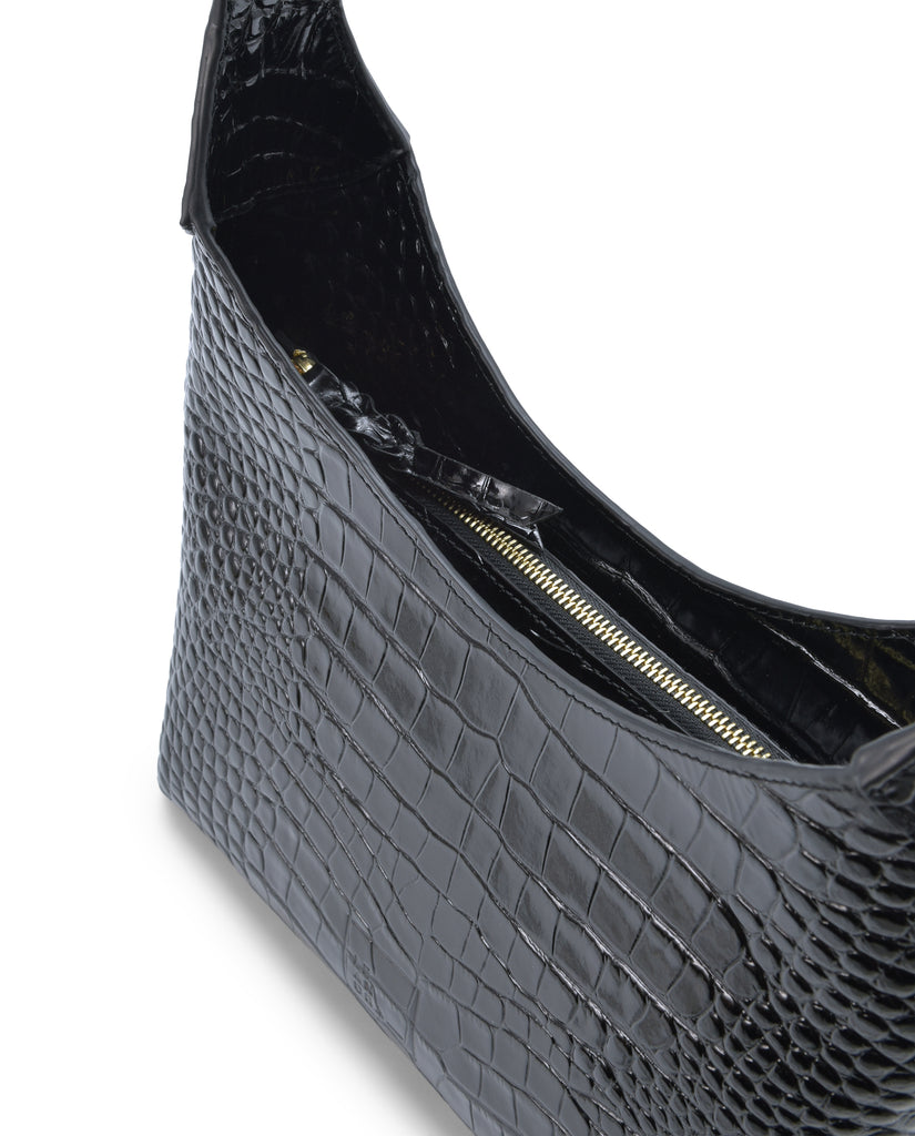 Imagen detalle cremallera de bolso hobo de piel grabada en coco color negro Leandra.