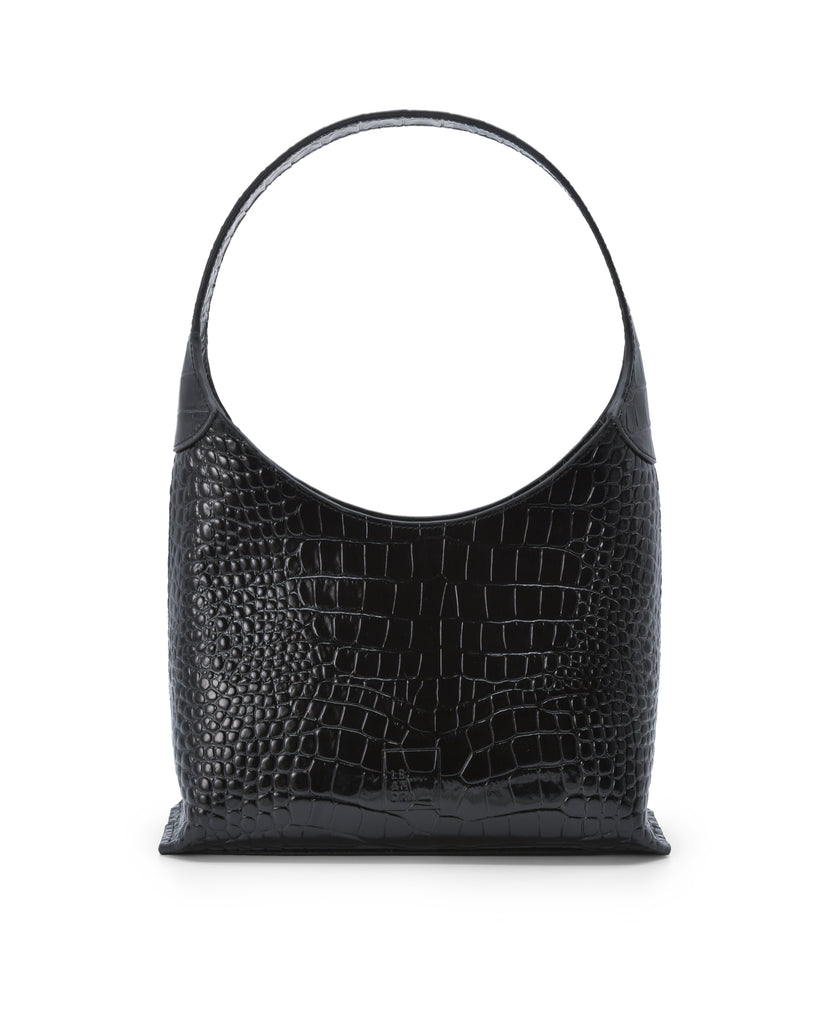 Imagen frontal de bolso hobo de piel grabada en coco color negro Leandra.
