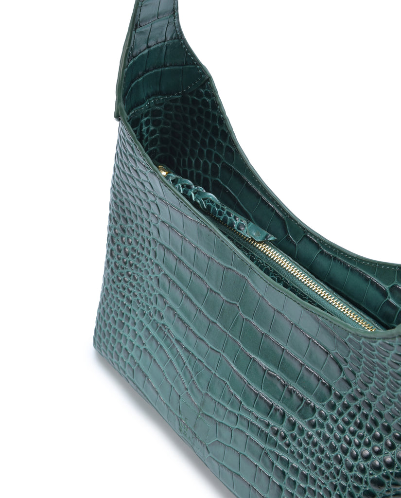 Imagen detalle cremallera de bolso hobo de piel grabada en coco color verde Leandra.