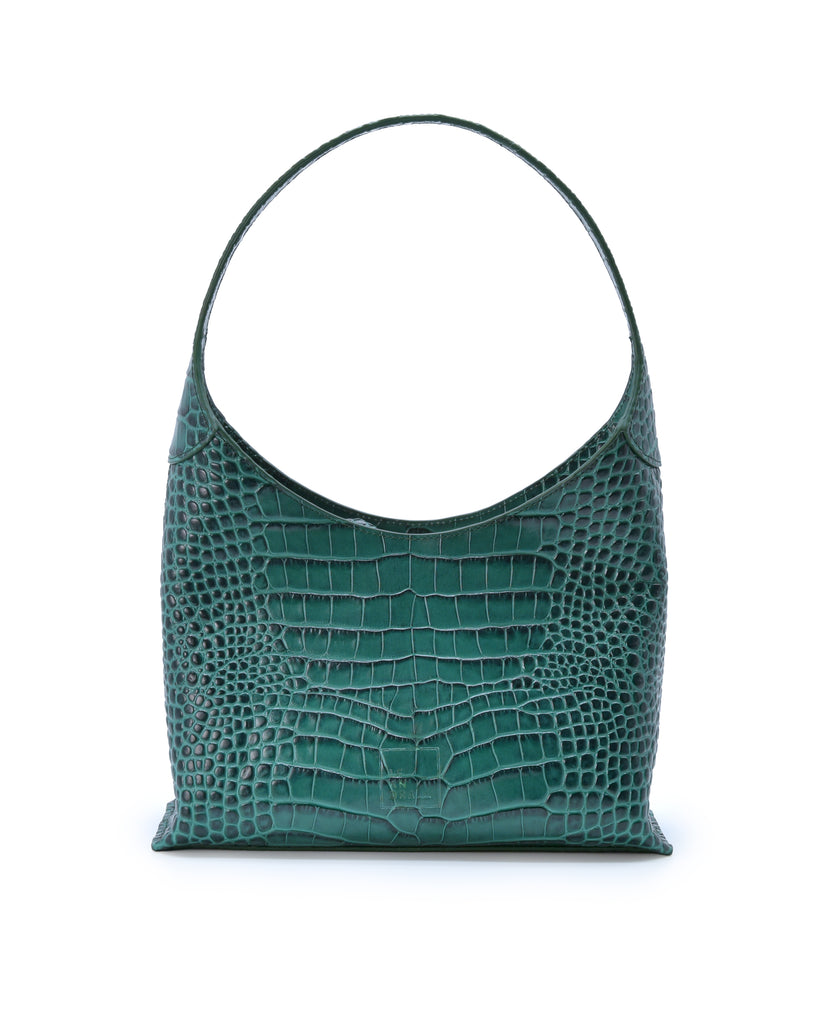 Imagen frontal de bolso hobo de piel grabada en coco color verde Leandra.