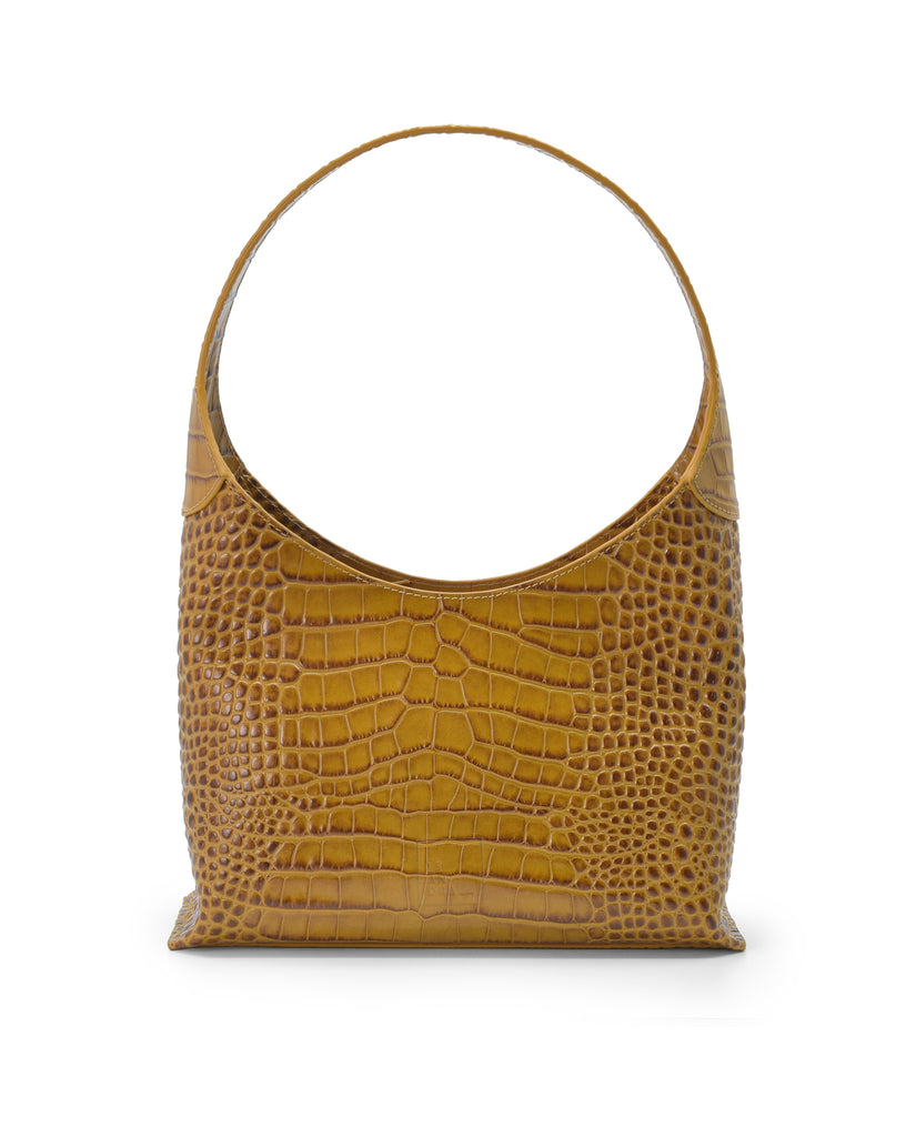 Imagen frontal de bolso hobo de piel grabada en coco color camel Leandra.