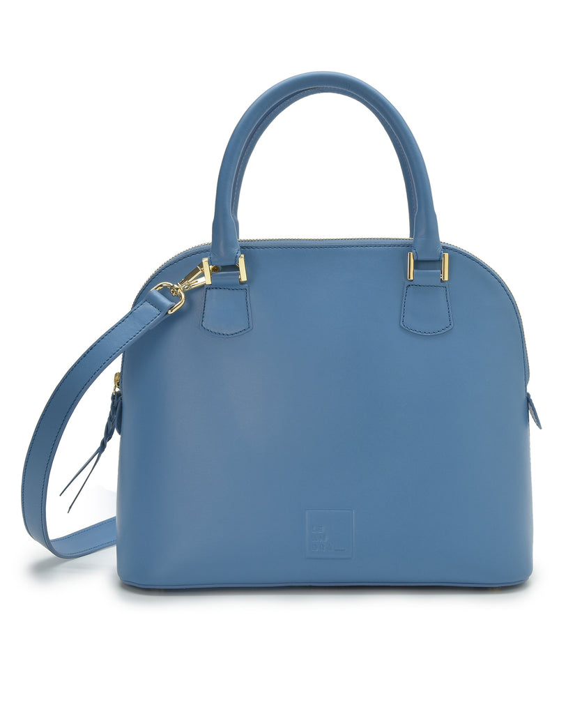 Imagen frontal de bolso de mano de piel color azul Leandra. Made in Spain