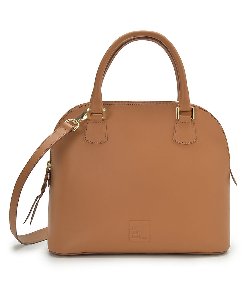 Imagen doble asa de bolso de mano de piel color camel Leandra.
