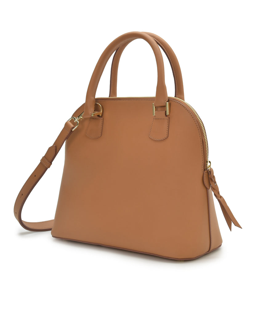 Imagen lateral de bolso de piel color camel Leandra fabricado en Ubrique, Leandra