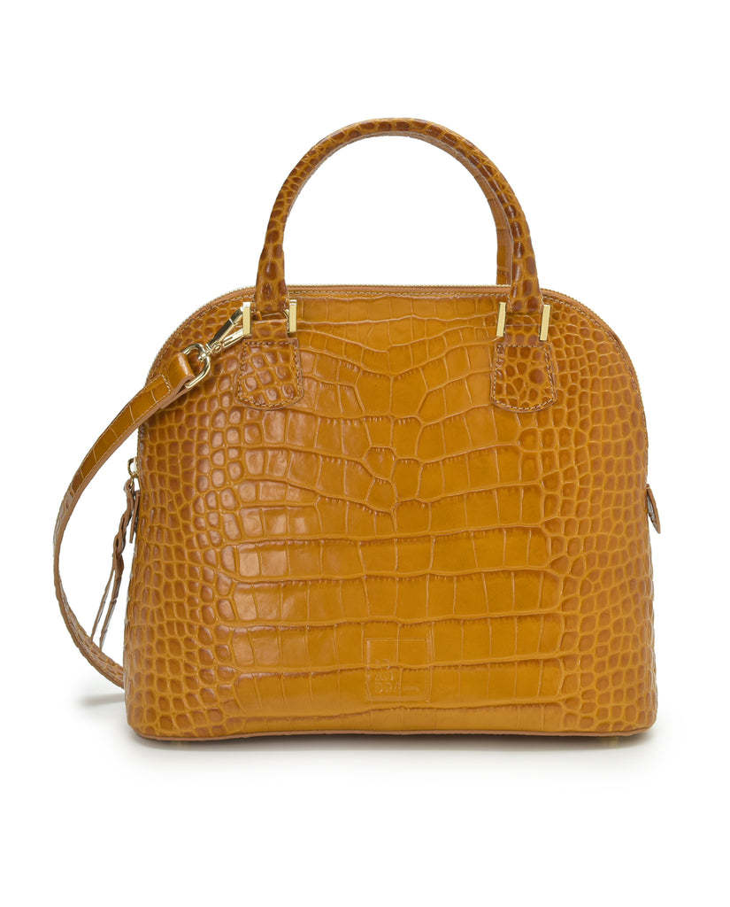 Imagen frontal de bolso de mano de piel grabada en coco color camel Leandra. Made in Spain