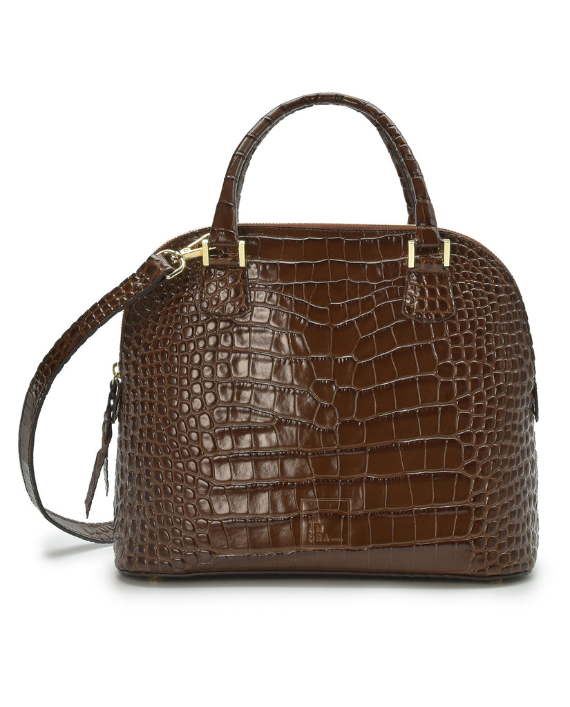 Imagen frontal de bolso de mano tipo bugatti de piel grabada en coco color marrón Leandra.