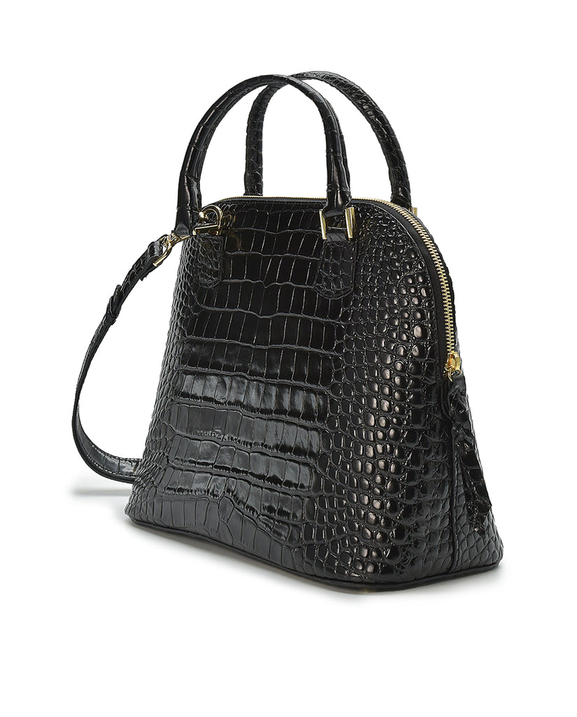 Imagen lateral de bolso de mano de piel grabada en coco color negro Leandra.