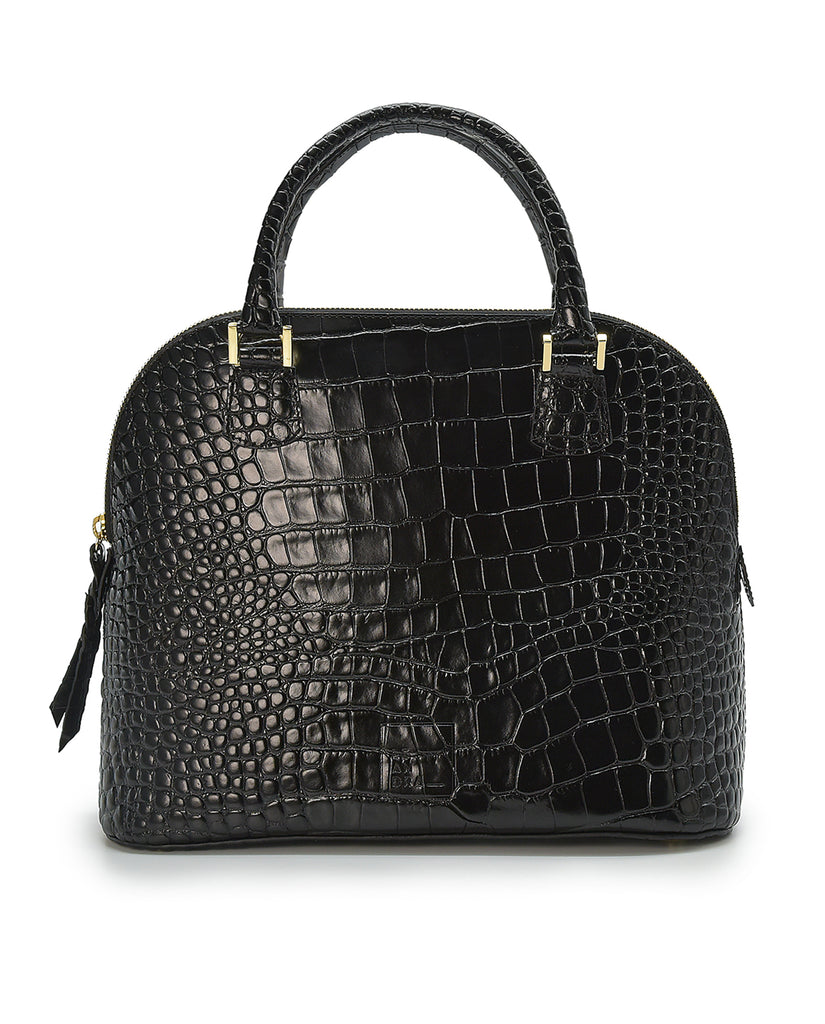 Imagen frontal asa mano de bolso de mano de piel grabada en coco color negro Leandra. Fabricado en Ubrique, España 