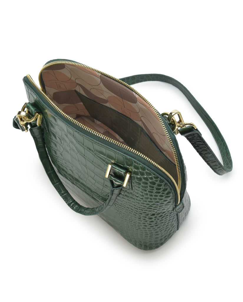 Imagen de interior de Bolso de mano de piel grabada en coco color verde Leandra fabricado en España