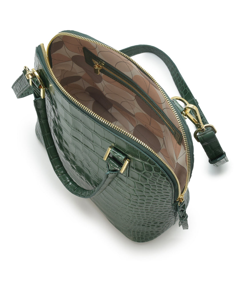 Interior de bolso de mano de piel grabada en coco color verde Leandra. Fabricado en Ubrique, España