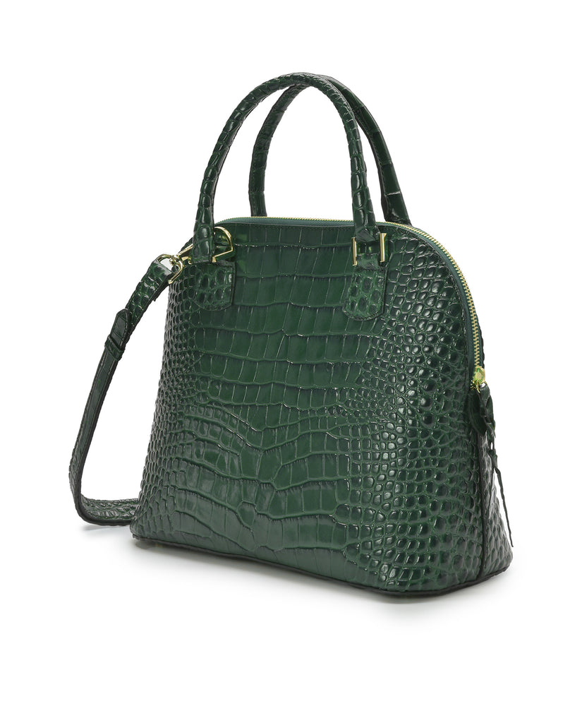 Imagen lateral de bolso de mano de piel grabada en coco color verde Leandra. Made in Spain