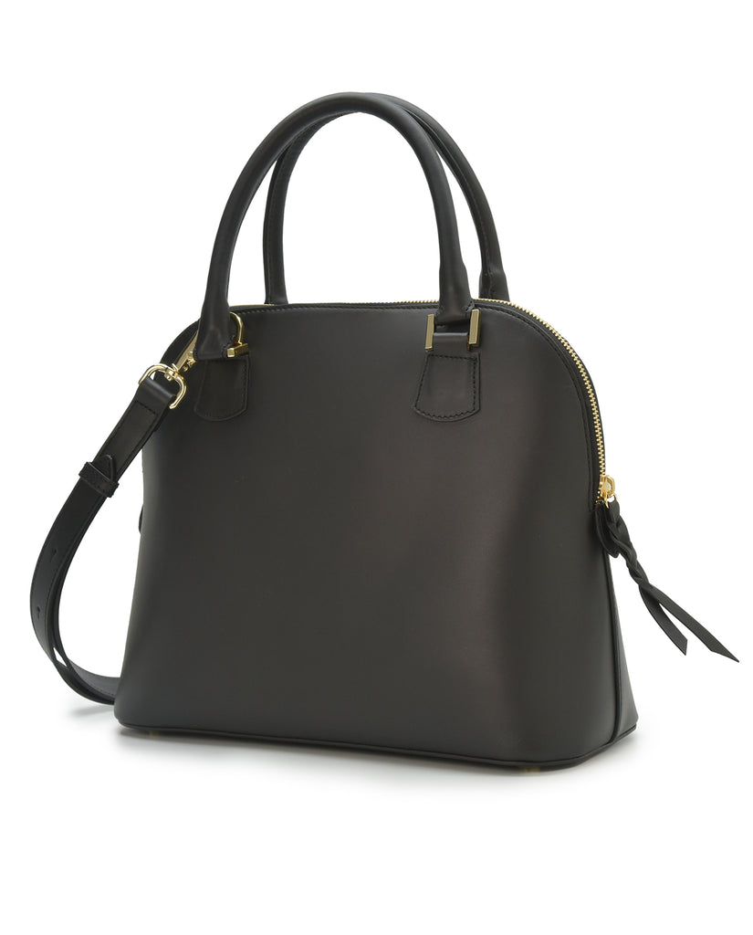 Imagen lateral de bolso de mano de piel en color negro Leandra. Bolsos de piel a la venta en leandrabrand.com fabricados en Ubrique, España