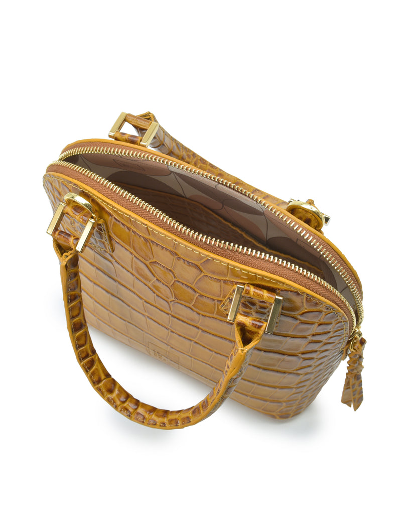 Interior asa corta de bolso de mano mini de piel grabada en coco color camel Leandra. Made in Spain