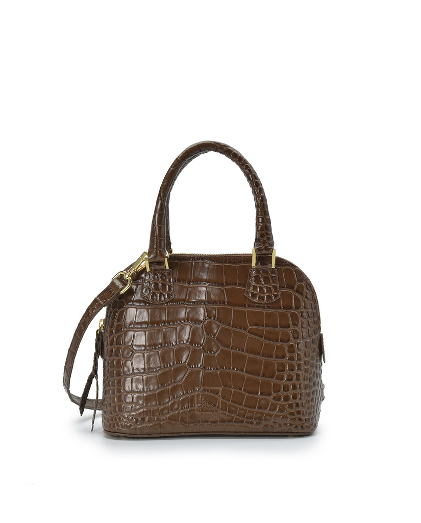 Imagen frontal con doble asa de bolso de mano mini de piel grabada en coco color marrón Leandra. Made in Spain