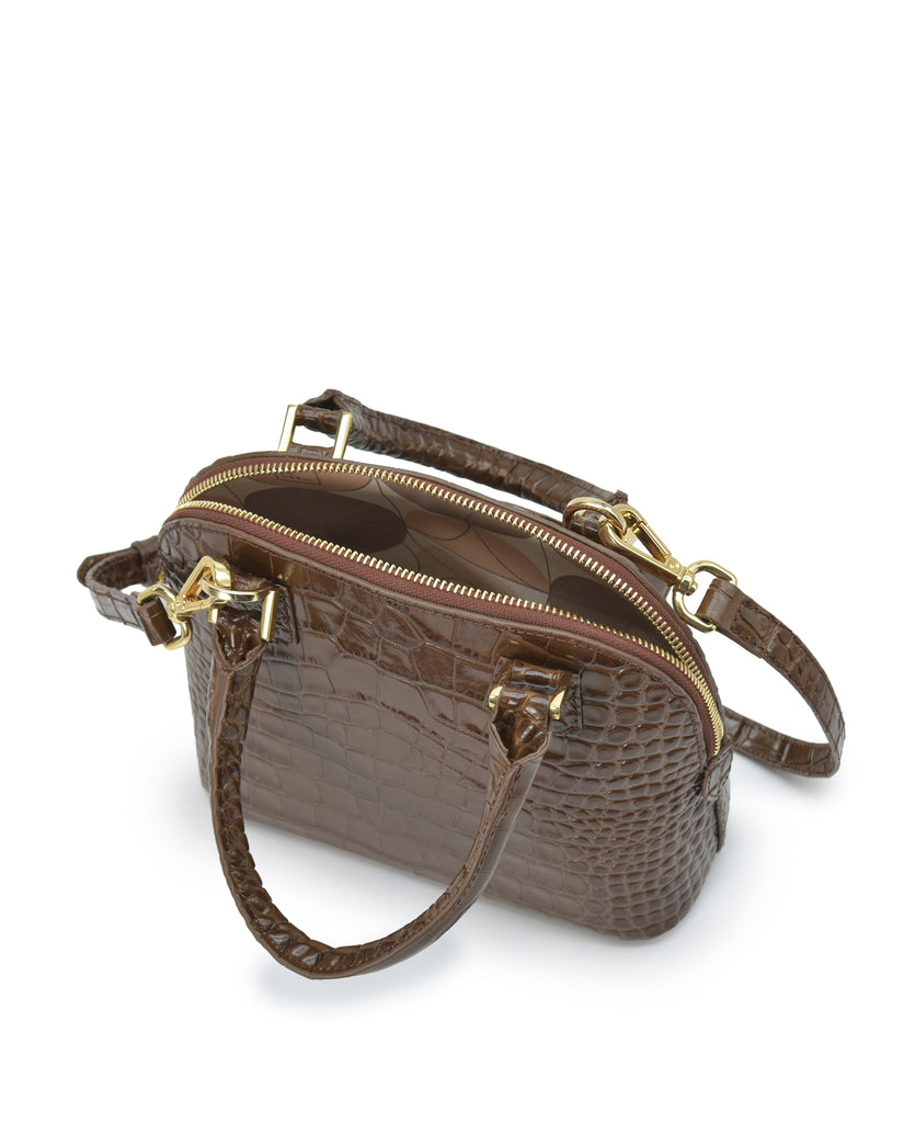 Interior bolso de mano mini de piel grabada en coco color marrón Leandra. Made in Spain