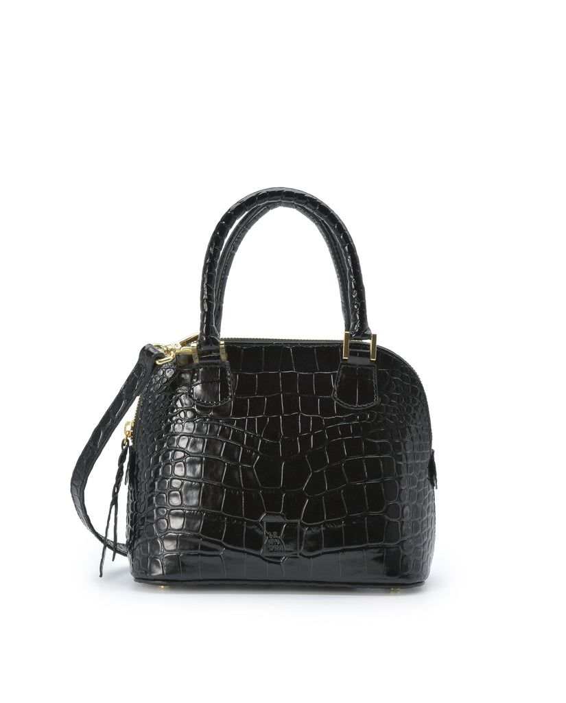 Imagen frontal con doble asa de bolso de mano mini de piel grabada en coco color negro Leandra. Made in Spain