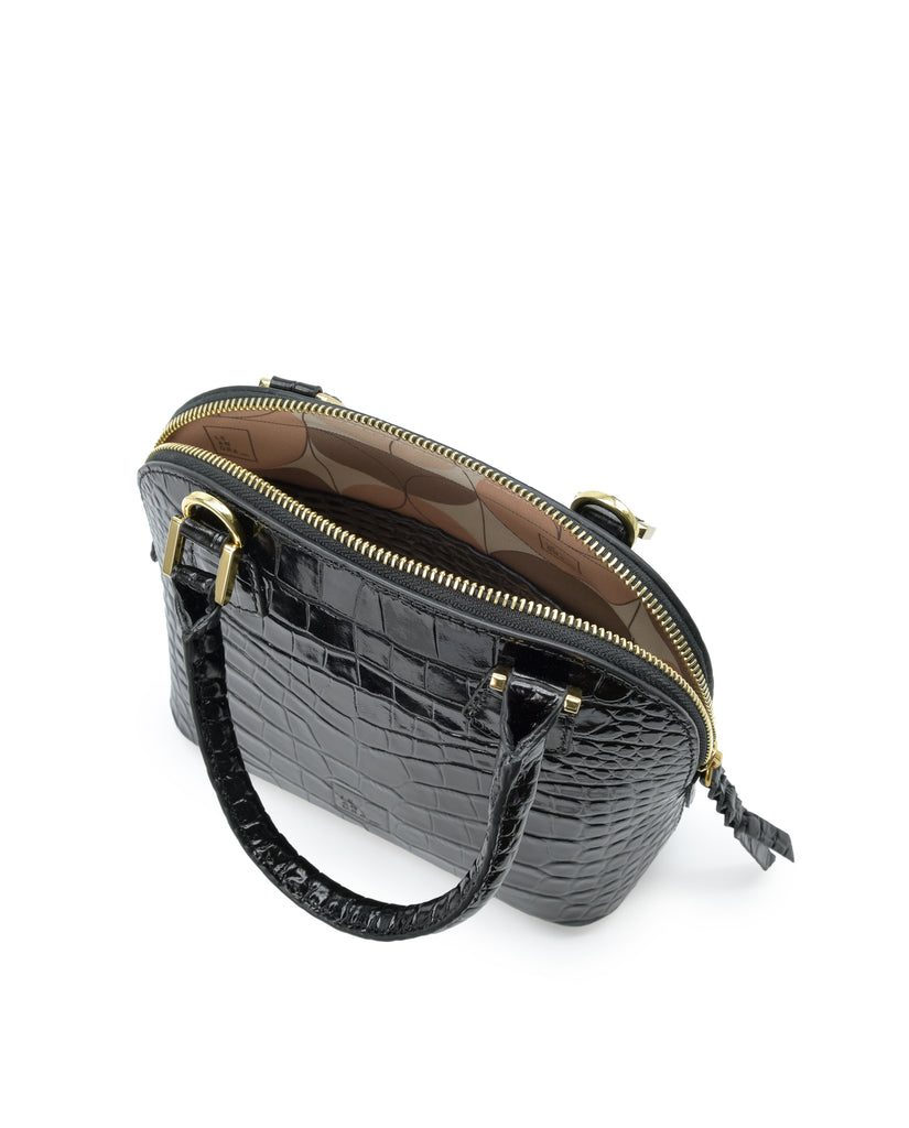 Interior asa corta de bolso de mano mini de piel grabada en coco color negro Leandra. Made in Spain