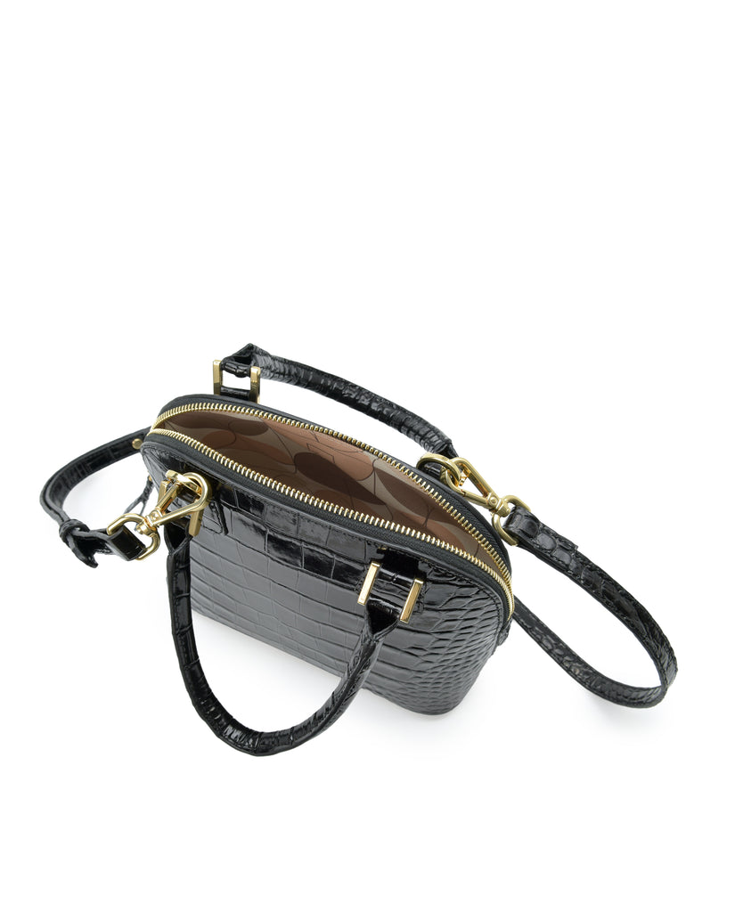 Interior asa corta de bolso de mano mini de piel grabada en coco color negro Leandra. Made in Spain