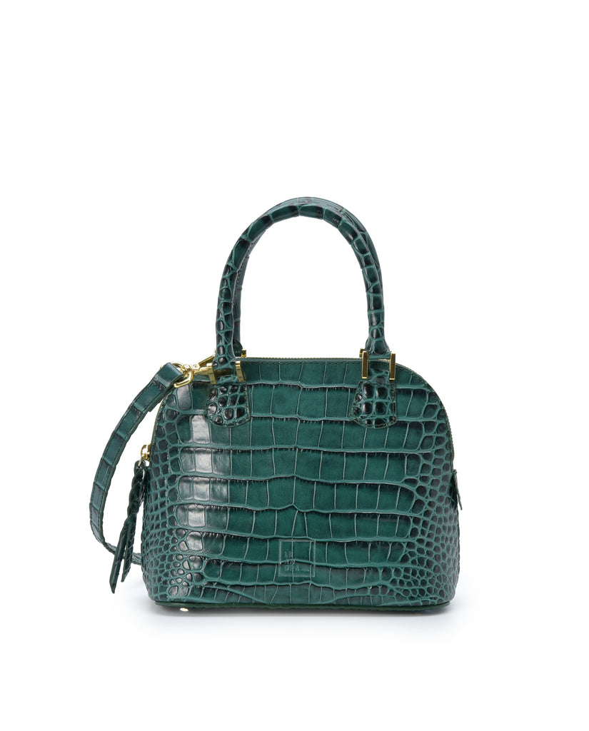 Imagen frontal con doble asa de bolso de mano mini de piel grabada en coco color verde Leandra. Made in Spain