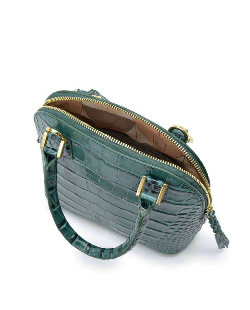 Interior asa corta de bolso de mano mini de piel grabada en coco color verde Leandra. Made in Spain