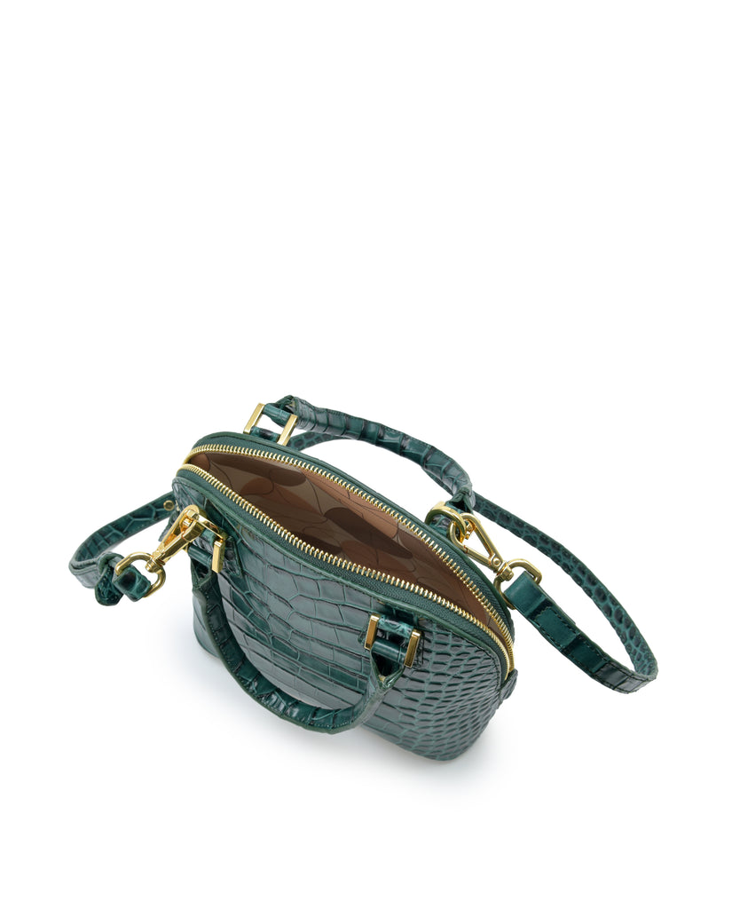 Interior bolso de mano mini de piel grabada en coco color verde Leandra. Made in Spain