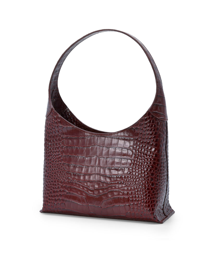 Imagen trasera de bolso hobo de piel grabada en coco color burdeos Leandra.