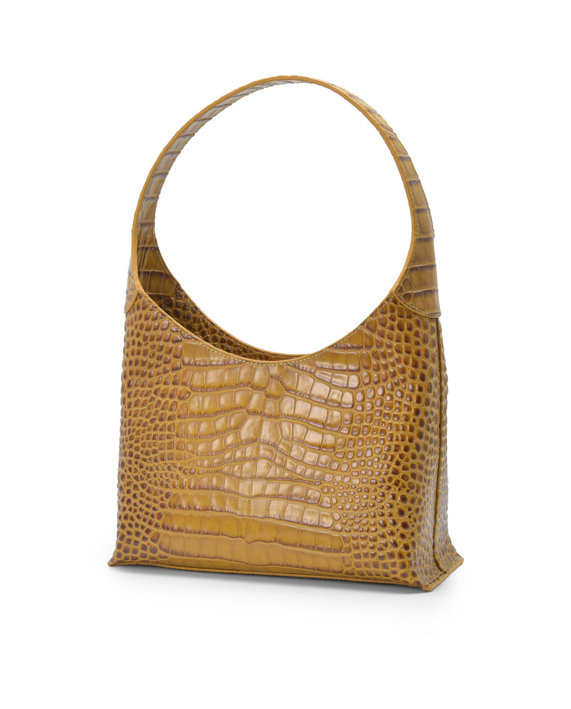 Imagen trasera de bolso hobo de piel grabada en coco color camel Leandra.