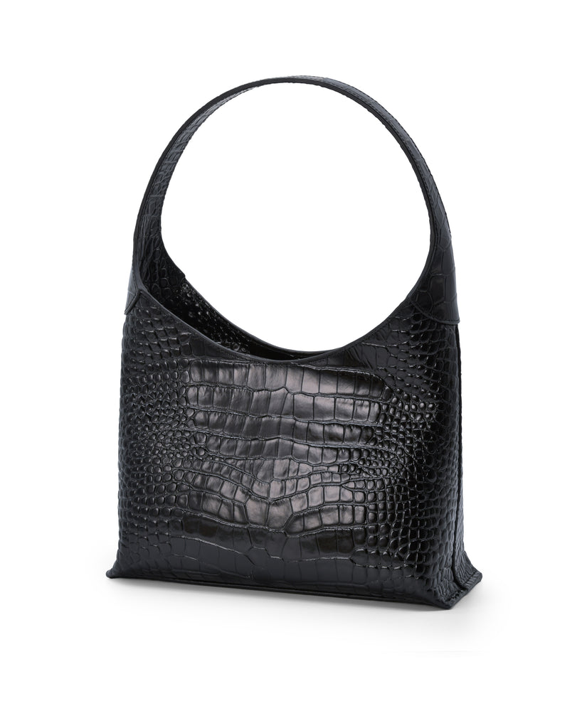 Imagen trasera de bolso hobo de piel grabada en coco colo rnegro Leandra.