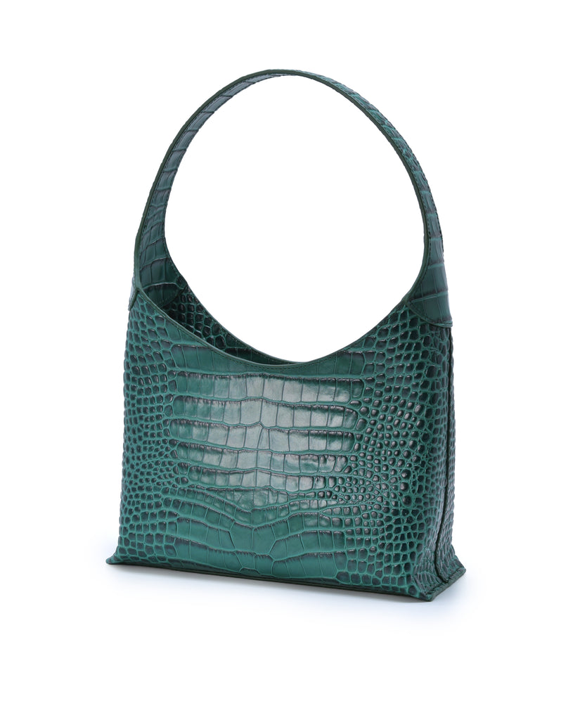 Imagen trasera de bolso hobo de piel grabada en coco color verde Leandra.