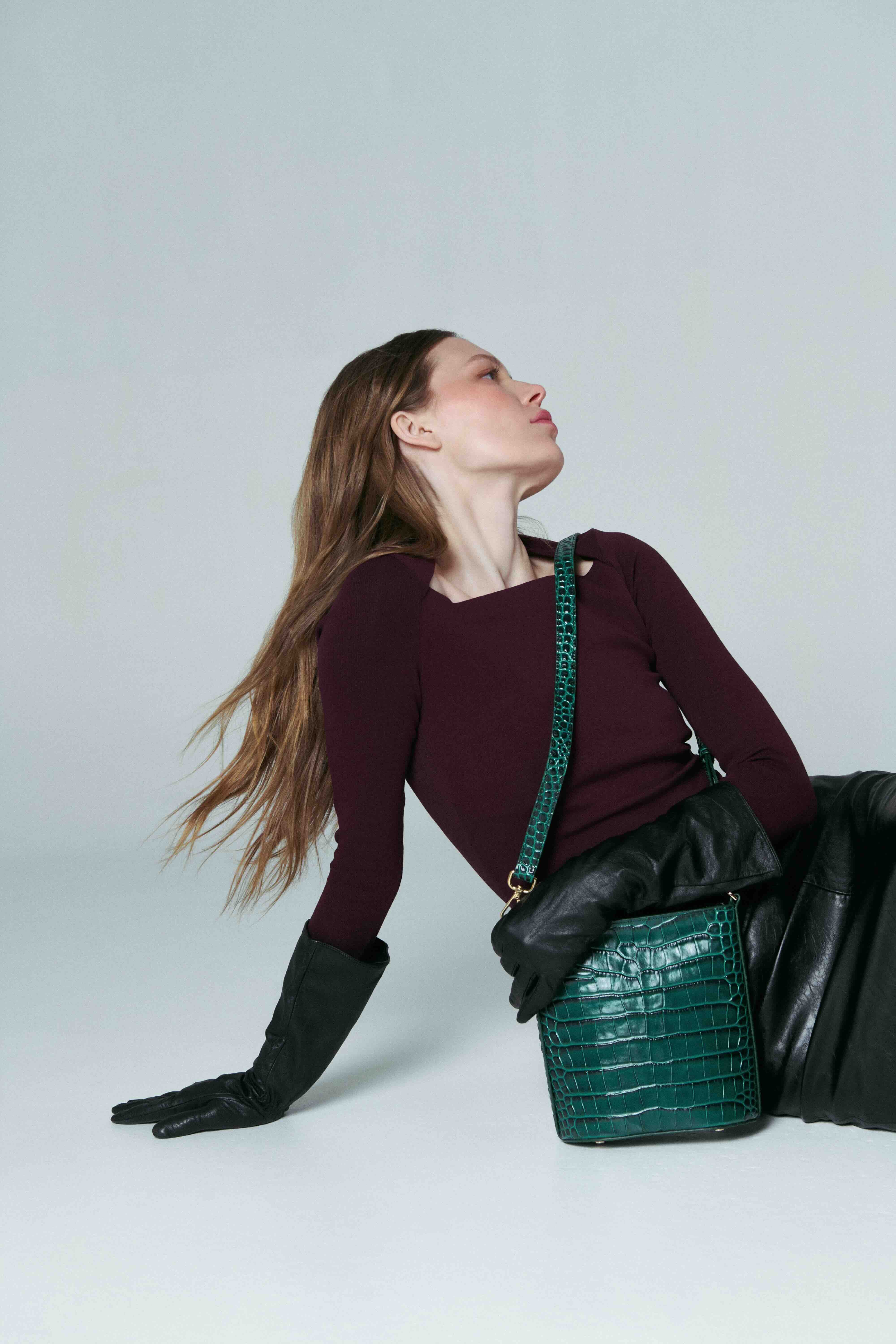 Leandra multi-position bucket bag in embossed green crocodile