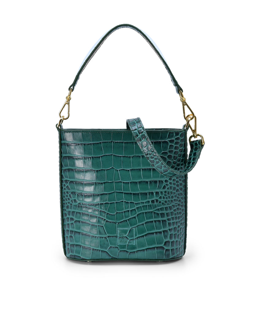 Imagen frontal de bolso bucket multiposición de piel grabada en coco color verde con cremallera Leandra. Bolso made in Spain
