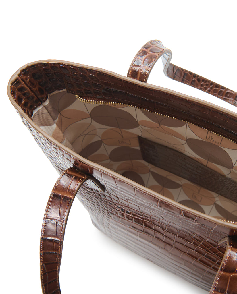 Imagen detalle cremallera de bolso shopper multiposición de piel grabada en coco color marrón con cremallera Leandra. Bolso made in Spain