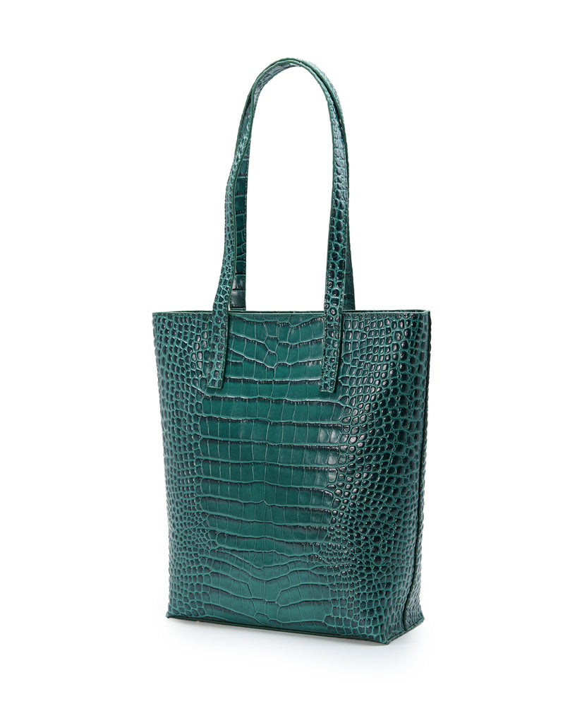 Imagen lateral de bolso shopper multiposición de piel grabada color verde con cremallera Leandra. Bolso made in Spain