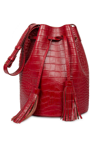 Bolso tipo bucket bag grabado en coco color rojo Leandra. Bolsos made in Spain Leandra imagen frontal Leandra