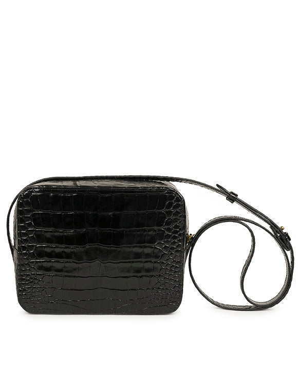 Bolso Crossbody grabada en coco negro fabricada en Ubrique, España Leandra. Bolso made in Spain Leandra a la venta en leandrabrand.com