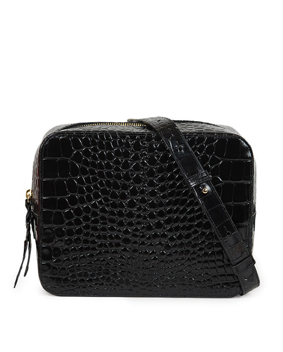 Bolso Crossbody grabada en coco color negro Leandra. Bolso de piel  Made in Spain Leandra.