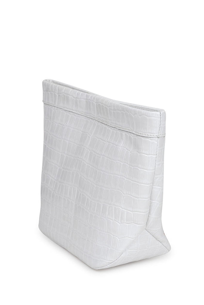 Bolso de mujer de mano tipo Paper Bag color blanco piel grabada en coco Leandra fabricado en Ubrique España