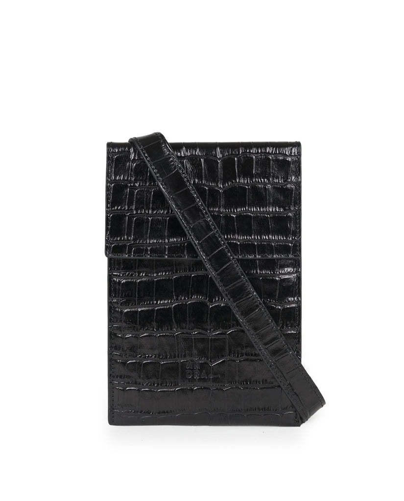 Bolso mini bandolera negro de piel vacuno grabado coco Leandra. Mini bolsos made in Spain a la venta en leandrabrand.com