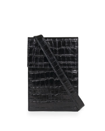 Bolso mini bandolera negro de piel vacuno grabado coco Leandra. Mini bolsos made in Spain a la venta en leandrabrand.com