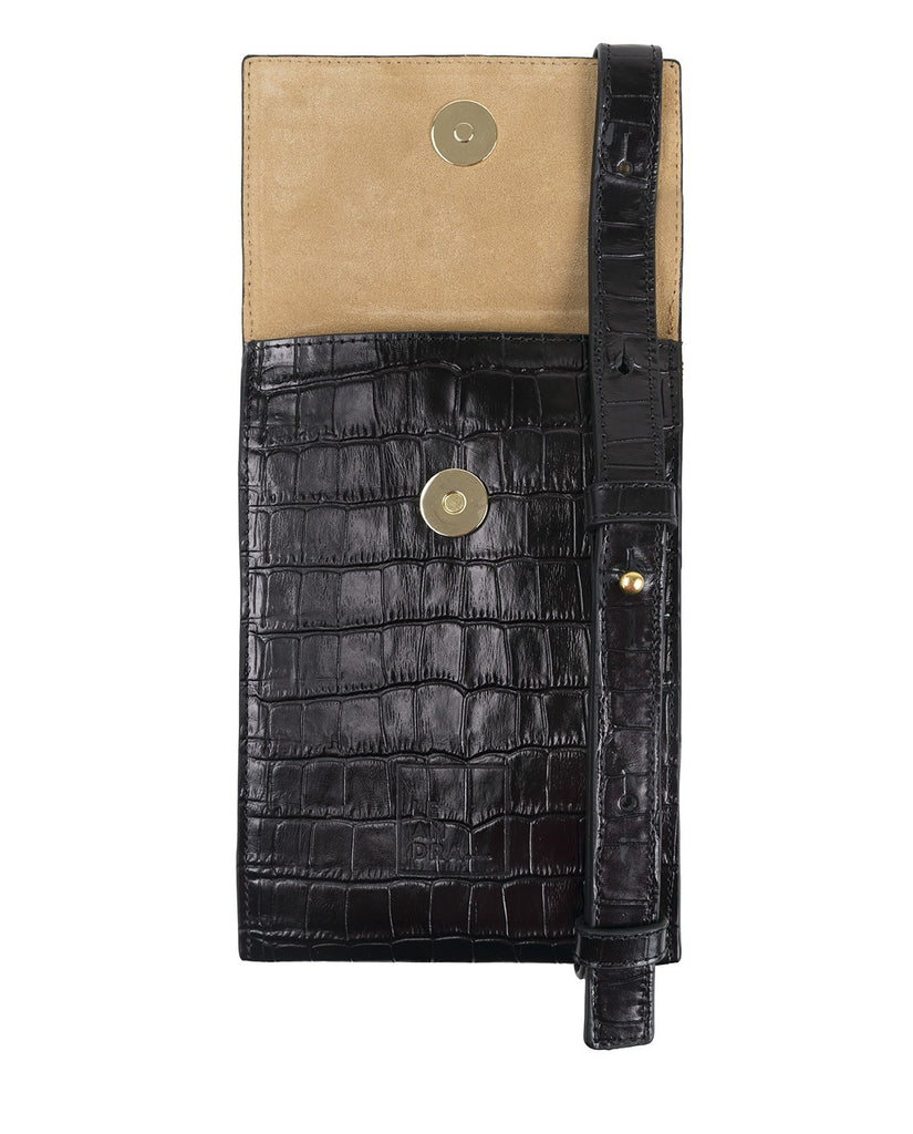 Vista interior de Bolso mini bandolera negro de piel vacuno grabado coco Leandra. Mini bolsos made in Spain a la venta en leandrabrand.com