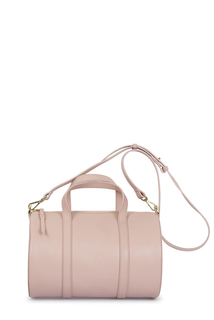 Imagen trasera de bolso tipo bowling de piel rosa Leandra. Bolsos bowling de piel made in Spain Leandra