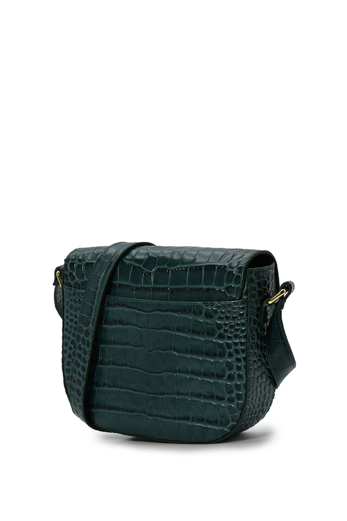 Imagen trasera de bolso bandolera de piel grabada en coco verde con solapa Leandra fabricado en Ubrique